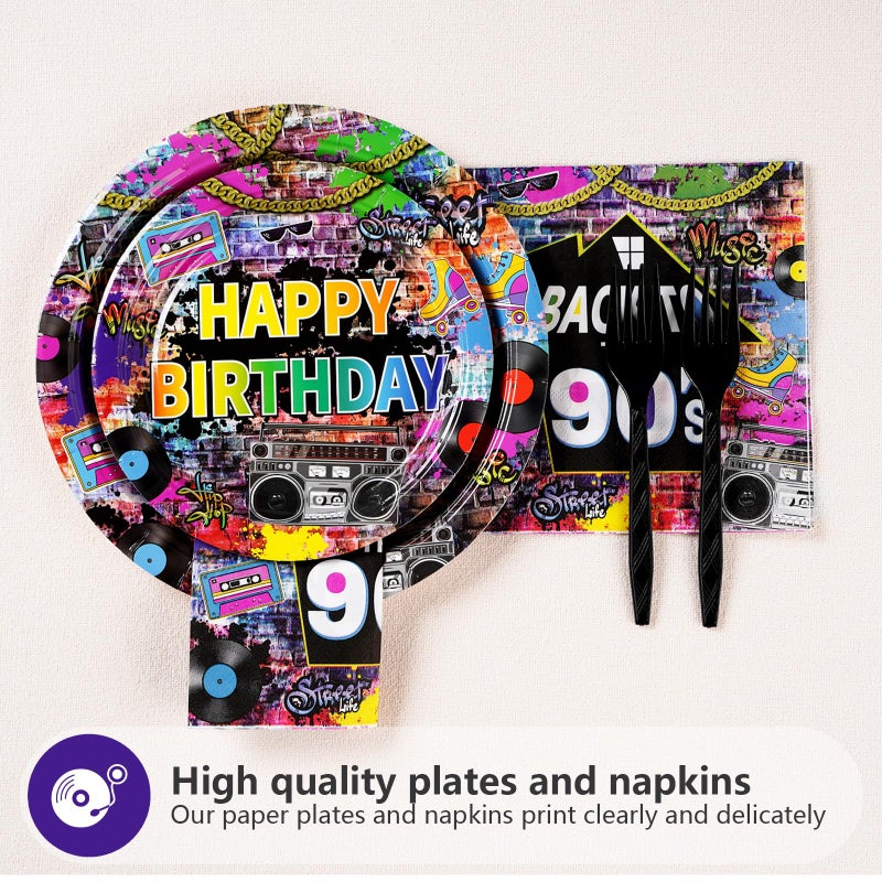 Grencian 96 Pcs 90's House Party Supplies Disposable 90s Party Paper Plates and Napkins Retro Graffiti Wall Back To The 90' Tableware Set for Men Women 90s Birthday Hip Hop Party Decorations Serves 24 - Image 3