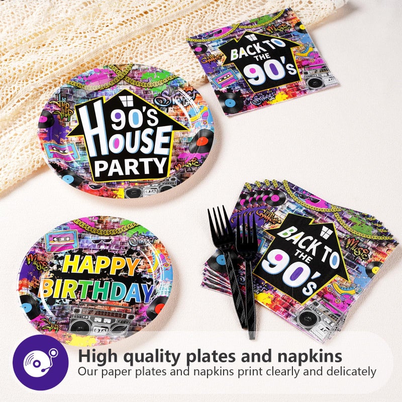 Grencian 96 Pcs 90's House Party Supplies Disposable 90s Party Paper Plates and Napkins Retro Graffiti Wall Back To The 90' Tableware Set for Men Women 90s Birthday Hip Hop Party Decorations Serves 24 - Image 4