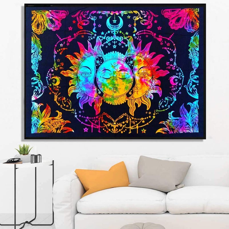 Doraya Psychedelic Three Face Sun Tie Dye Mandala Tapestry Hippie Hippy Celestial Wall Hanging Indian Bohemian Tapestries Multicolour 1 Twin 84x54 Inches - Image 2
