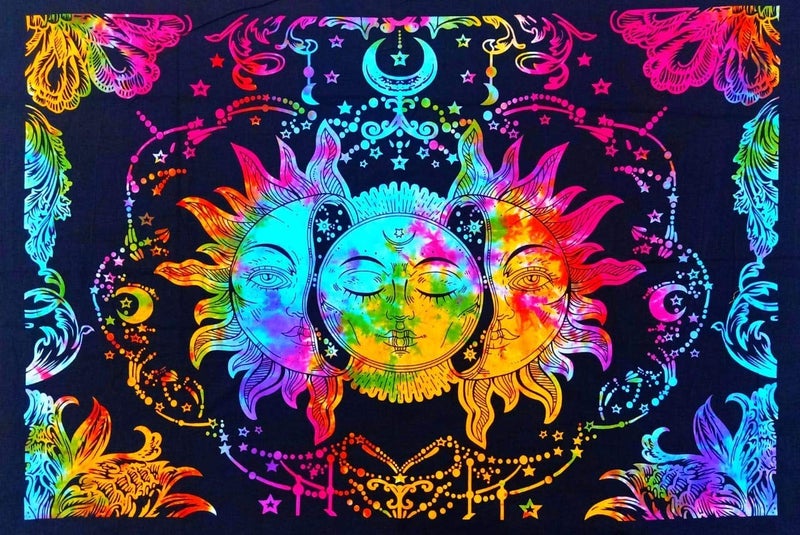 Doraya Psychedelic Three Face Sun Tie Dye Mandala Tapestry Hippie Hippy Celestial Wall Hanging Indian Bohemian Tapestries Multicolour 1 Twin 84x54 Inches - Image 1
