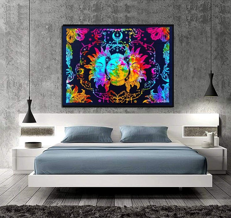 Doraya Psychedelic Three Face Sun Tie Dye Mandala Tapestry Hippie Hippy Celestial Wall Hanging Indian Bohemian Tapestries Multicolour 1 Twin 84x54 Inches - Image 3