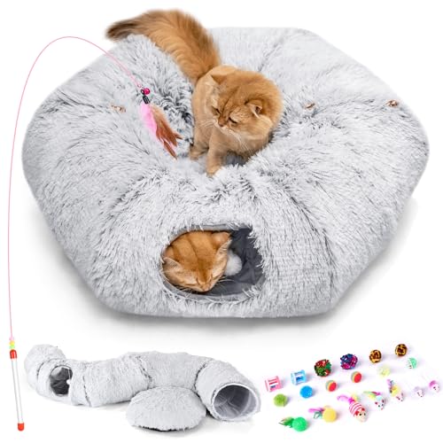 Odoland Cat Tunnel Bed with 20 Cat Toys - Indoor Plush Kitten Couch,Detachable Cats Cave Donut Tunnel & Soft Kitten Toy Set-Cozy Cat Furniture Grey - Image 1