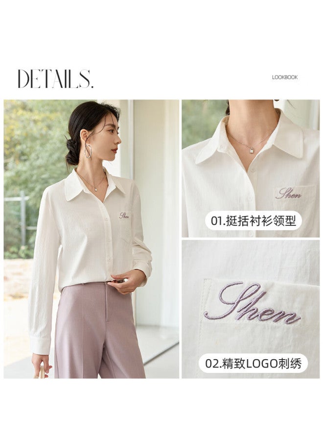 Chushen Spring And Autumn Long-sleeve Shirt For Women, Turn-down Collar, Embroidered Pockets, Versatile Commuter White Blouse S51s027