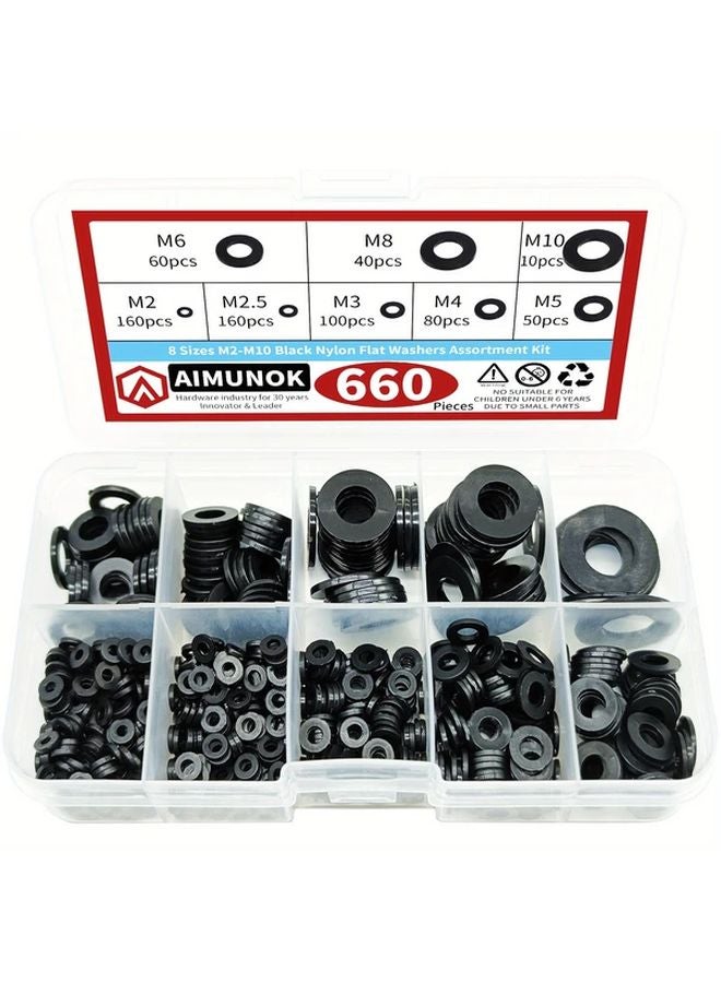 660pcs Black Nylon Flat Washer Assortment Kit M2 M10 For Electrical Connections - Image 1