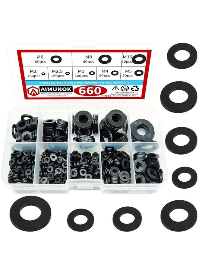 660pcs Black Nylon Flat Washer Assortment Kit M2 M10 For Electrical Connections - Image 2