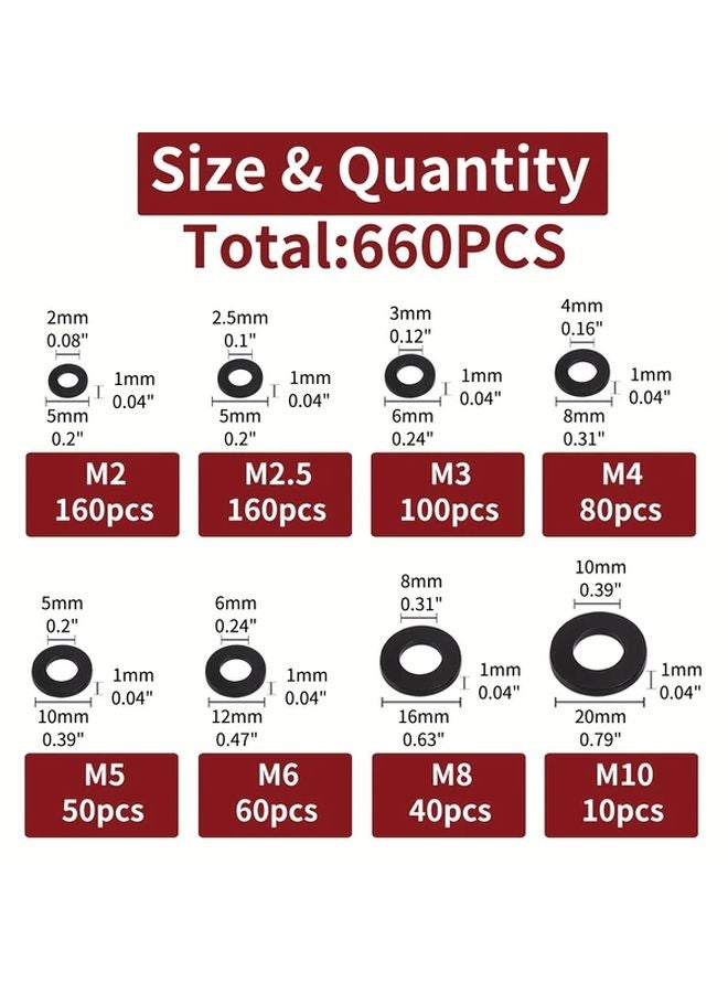 660pcs Black Nylon Flat Washer Assortment Kit M2 M10 For Electrical Connections - Image 3
