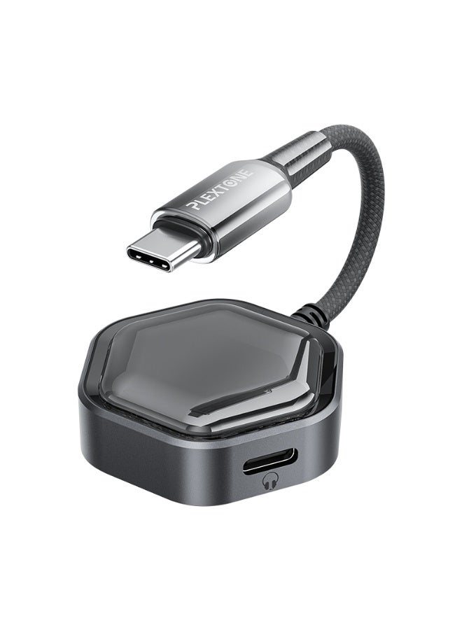 Plextone GS1 Pro Type-C 2-in-1 Adapter with Type-C Audio Port for 32Bit/384KHz Hi-Res Audio, 60W PD Fast Charging Port, and Card Slot, Stylish Transparent Hexagon Design with Gradient Color Cover, Black - Image 1