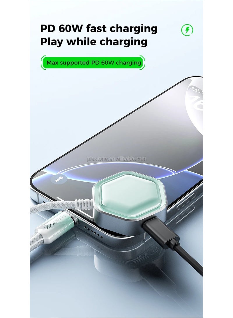 Plextone GS1 Pro Type-C 2-in-1 Adapter with Type-C Audio Port for 32Bit/384KHz Hi-Res Audio, 60W PD Fast Charging Port, and Card Slot, Stylish Transparent Hexagon Design with Gradient Color Cover, Black - Image 2