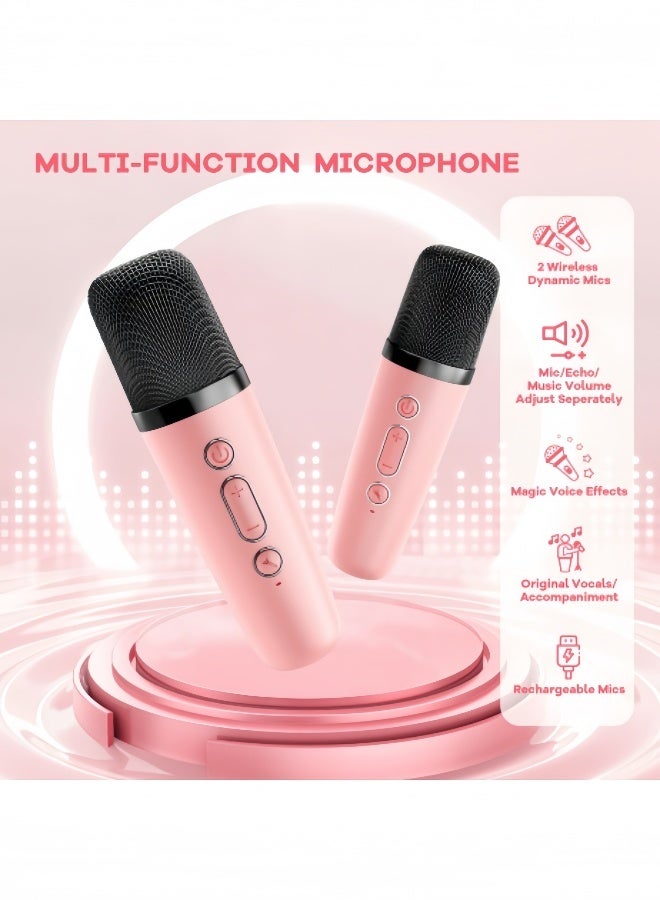 Mini Karaoke Machine for Kids Adults, Portable Bluetooth Karaoke Speaker with 2 Wireless Mics and LED Color Lights,Karaoke Gifts for Girls and Boys Birthday Home Party(Pink)  - Image 2