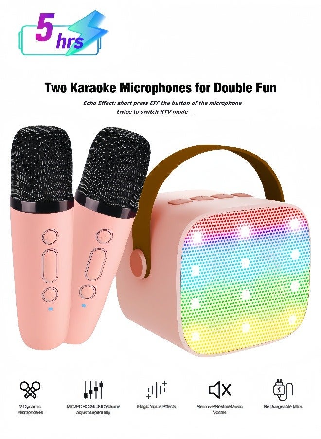 Mini Karaoke Machine for Kids Adults, Portable Bluetooth Karaoke Speaker with 2 Wireless Mics and LED Color Lights,Karaoke Gifts for Girls and Boys Birthday Home Party(Pink)  - Image 1