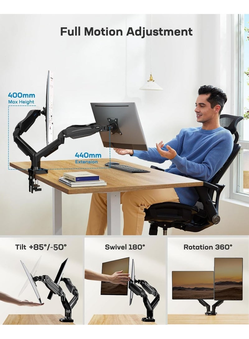 حامل شاشة مزدوج لشاشات من 13 إلى 27 بوصة – ذراع غاز قابل للتعديل – يناسب الشاشات المسطحة والمنحنية – VESA 75x75/100x100 مم - Image 3