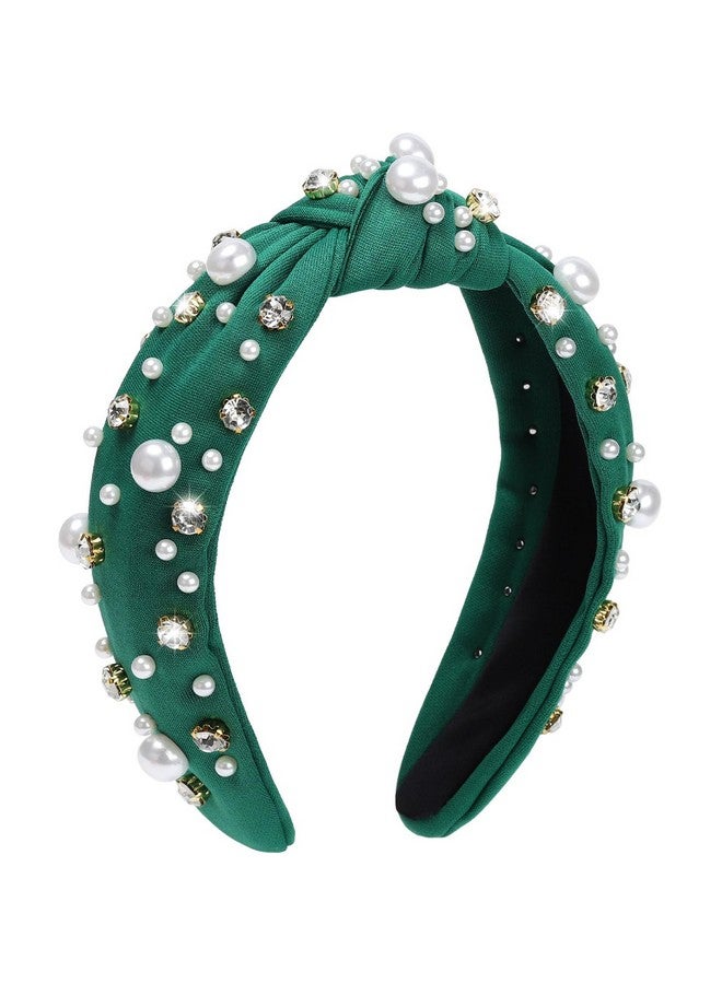 WantGor Pearl Knotted Headband, Women Rhinestone Embellished Hairband Elegant Wide Top Knot Bride Headbands Headpieces Party Fashion Elegant Ladies Hair Band Hair Hoop Accessories (Green)