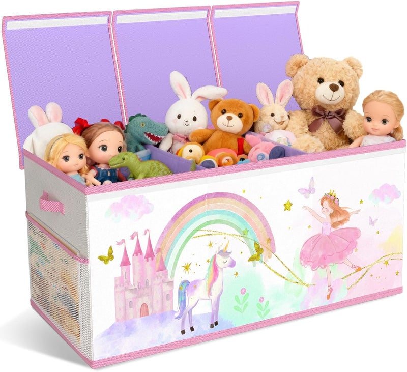 VERONLY Extra Large Storage Box Toy Box with Lid Children - Foldable Toy Storage with Handles Divider Storage Box for Children's Room Clothes Bedroom Foldable (Beige & Purple) - Image 1