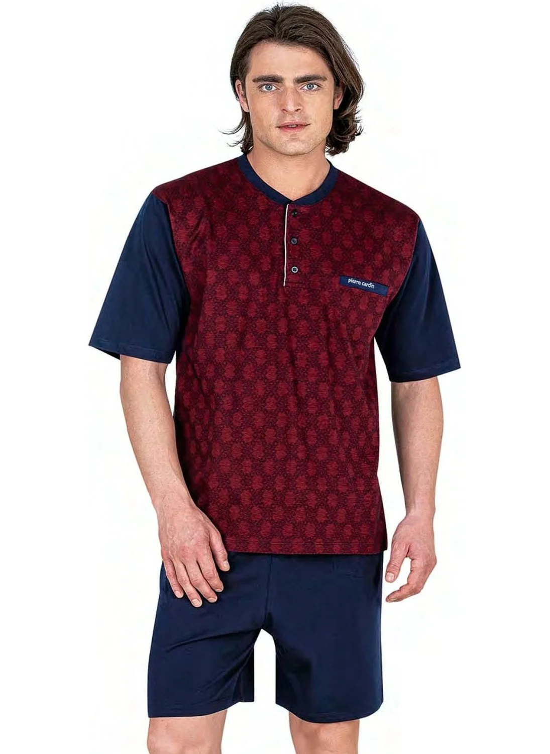 pierre cardin 6055 Men's Short Sleeve Jacquard 3-Piece Pajama Set-Burgundy