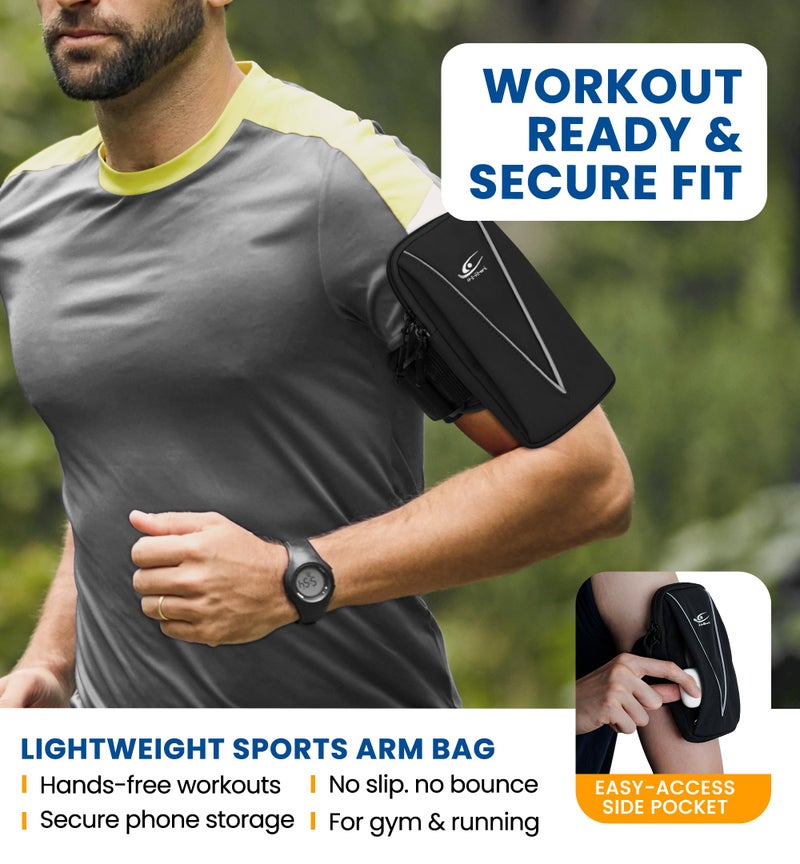 HiRui Cell Phone Holder Arm Bag & Wrist Bag for Phone, Sports Running Armband for Gym & Cycling, Compatible with iPhone 16/16Pro/Plus/15/14 Samsung Galaxy All Phones, Reflective & Adjustable (Black) - Image 2