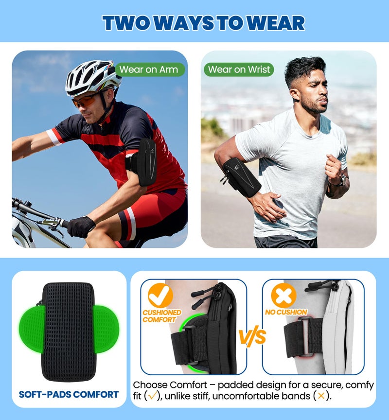 HiRui Cell Phone Holder Arm Bag & Wrist Bag for Phone, Sports Running Armband for Gym & Cycling, Compatible with iPhone 16/16Pro/Plus/15/14 Samsung Galaxy All Phones, Reflective & Adjustable (Black) - Image 3