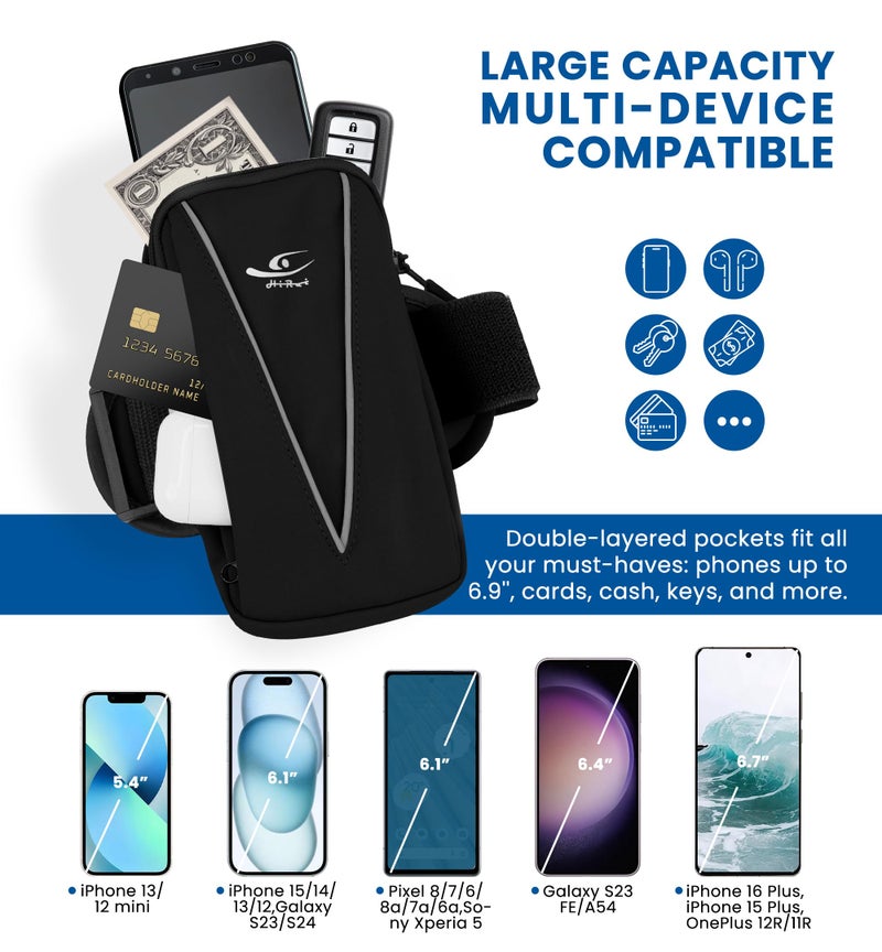 HiRui Cell Phone Holder Arm Bag & Wrist Bag for Phone, Sports Running Armband for Gym & Cycling, Compatible with iPhone 16/16Pro/Plus/15/14 Samsung Galaxy All Phones, Reflective & Adjustable (Black) - Image 5