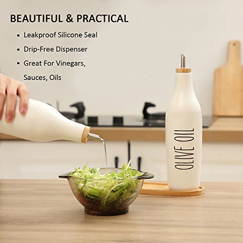 HOMCDALY Ceramic Olive Oil Dispenser for Kitchen, Stoneware 16oz Oil Cruet and Vinegar Bottles Dispenser, Kitchen Dispenser Bottle for EVOO Vinegar Syrups, Modern Farmhouse Design(W-O) - Image 4