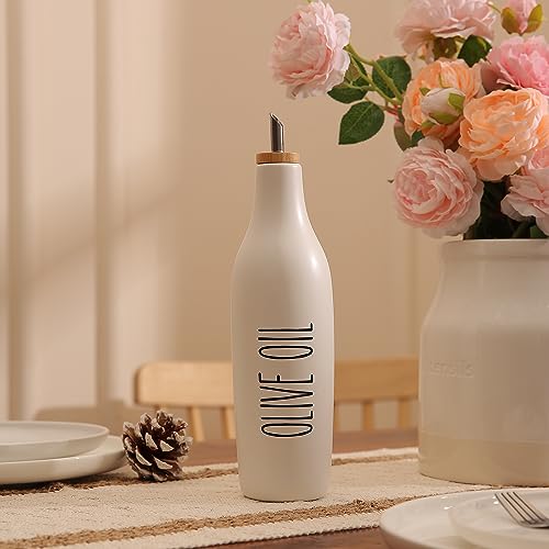 HOMCDALY Ceramic Olive Oil Dispenser for Kitchen, Stoneware 16oz Oil Cruet and Vinegar Bottles Dispenser, Kitchen Dispenser Bottle for EVOO Vinegar Syrups, Modern Farmhouse Design(W-O) - Image 5