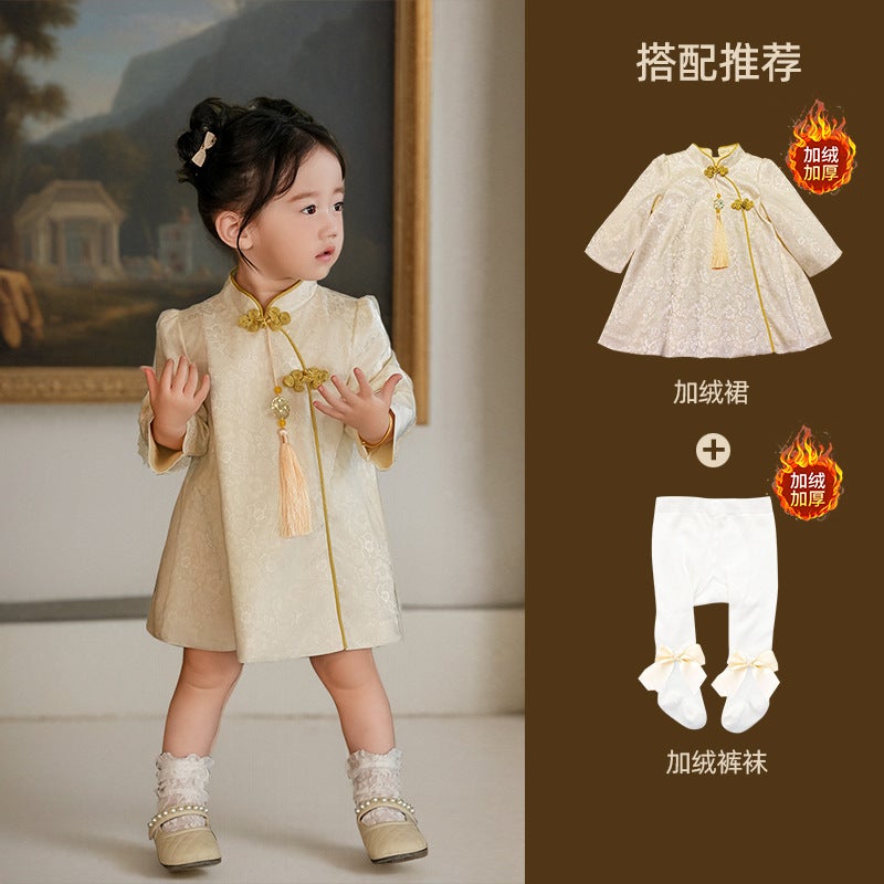 Girls' Dress Spring Long-Sleeved Chinese Style Retro Improved Cheongsam One-Year-Old Clothing Baby Girl Birthday Princess Dress - Image 1