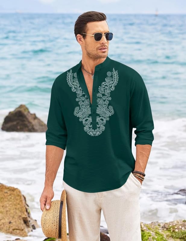 FINIVO FASHION Men’s Cotton Blend Short Kurta with Full Sleeves and Ethnic Neck Design | Casual Crinkle Texture Kurta with Mandarin Collar Green - Image 3