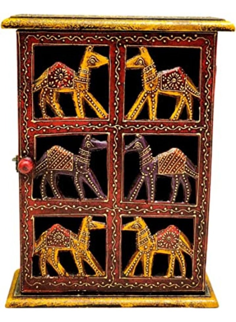 QUESERA Hand Painted Rajasthani Wooden wall mount Box key holder KeyRing Hanger With 9 key Hooks Safe Key Holder - Image 1
