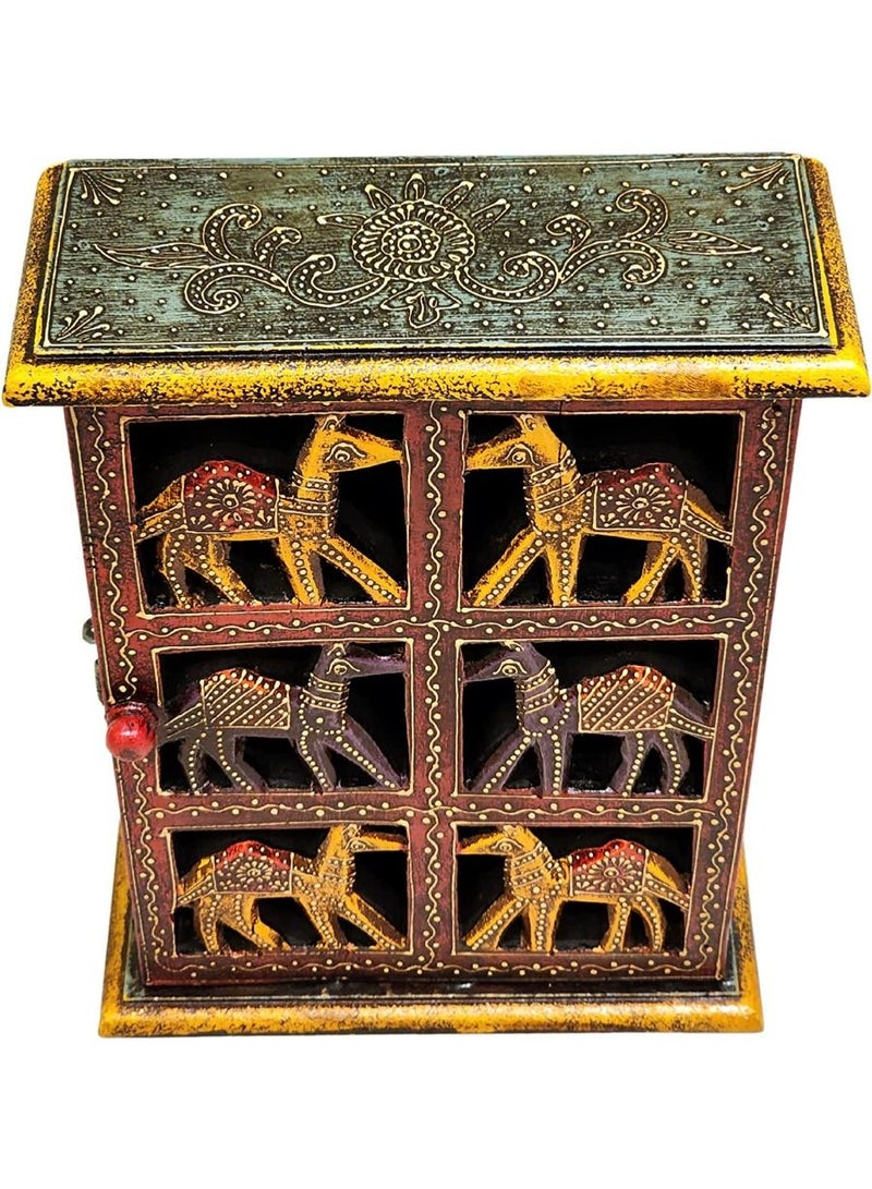 QUESERA Hand Painted Rajasthani Wooden wall mount Box key holder KeyRing Hanger With 9 key Hooks Safe Key Holder - Image 2