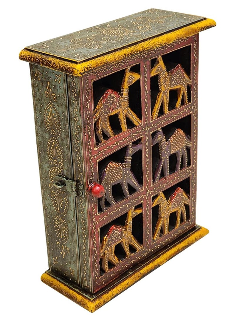 QUESERA Hand Painted Rajasthani Wooden wall mount Box key holder KeyRing Hanger With 9 key Hooks Safe Key Holder - Image 3