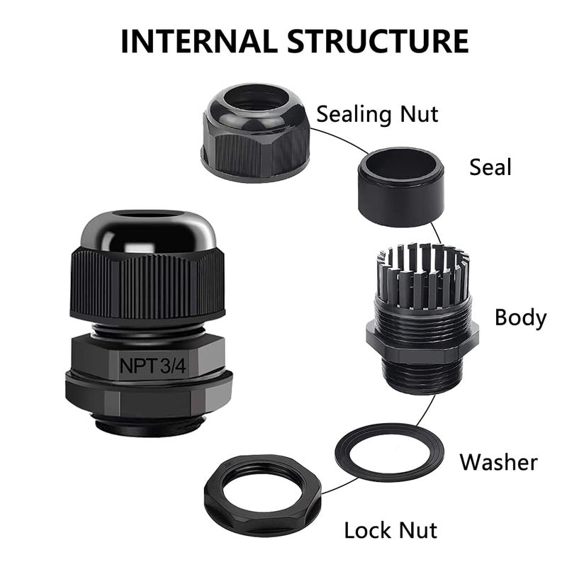 AIRIC 3/4" NPT Cable Glands Nylon PA66, IP68 Waterproof Adjustable Power Strain Relief Cord Grips, Junction Box Wire Gland Grip Connectors with Gaskets and Locknut, Black 6 Pcs - Image 3