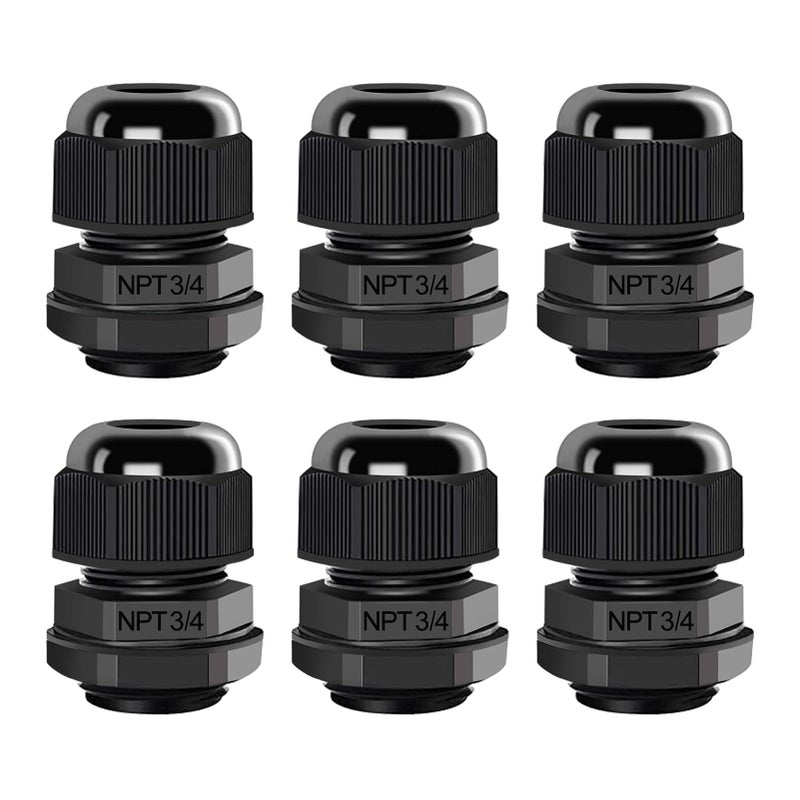 AIRIC 3/4" NPT Cable Glands Nylon PA66, IP68 Waterproof Adjustable Power Strain Relief Cord Grips, Junction Box Wire Gland Grip Connectors with Gaskets and Locknut, Black 6 Pcs - Image 1