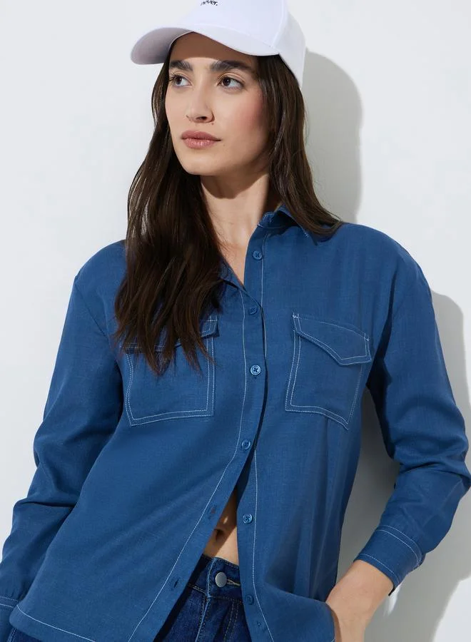 Styli Blue Solid Pocket Details Relaxed Fit Shirt