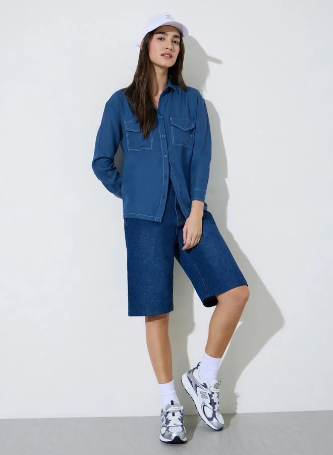 Styli Blue Solid Pocket Details Relaxed Fit Shirt