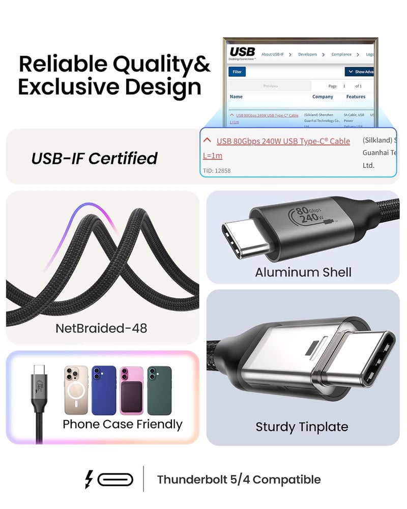 Silkland 80Gbps Thunderbolt 5 Cable Compatible, [USB-IF Certified] USB4 Cable 1M, 120Gbps Video Bandwidth for 16K/Dual 8K, 240W PD3.1 for MacBook M4 Pro/Pro Max, Mac Mini M4 Pro, PSSD, Dock - Image 5