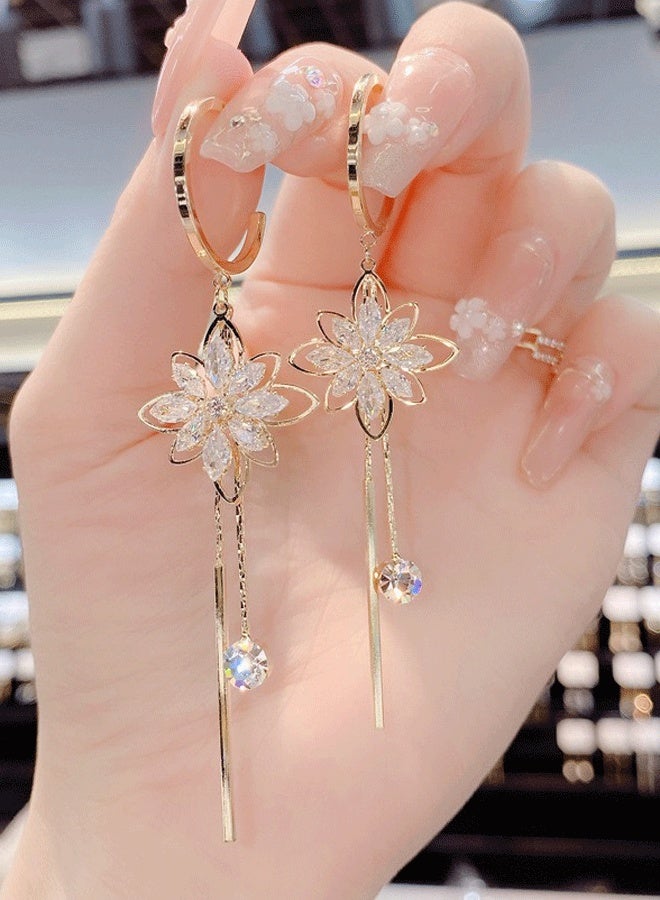Women's Gold-Plated Floral Crystal Tassel Long Earrings - Ethnic Fashion Jewelry with Sparkling Stones, Lightweight Dangle Earrings for Daily Wear, Parties, Weddings, Festivals & Cultural Gatherings - Image 1