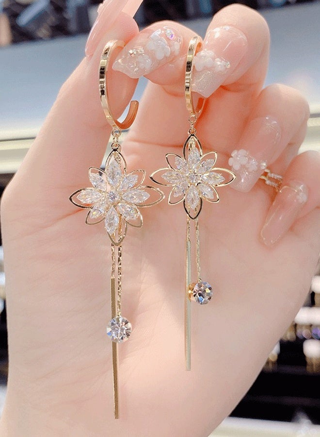 Women's Gold-Plated Floral Crystal Tassel Long Earrings - Ethnic Fashion Jewelry with Sparkling Stones, Lightweight Dangle Earrings for Daily Wear, Parties, Weddings, Festivals & Cultural Gatherings - Image 2