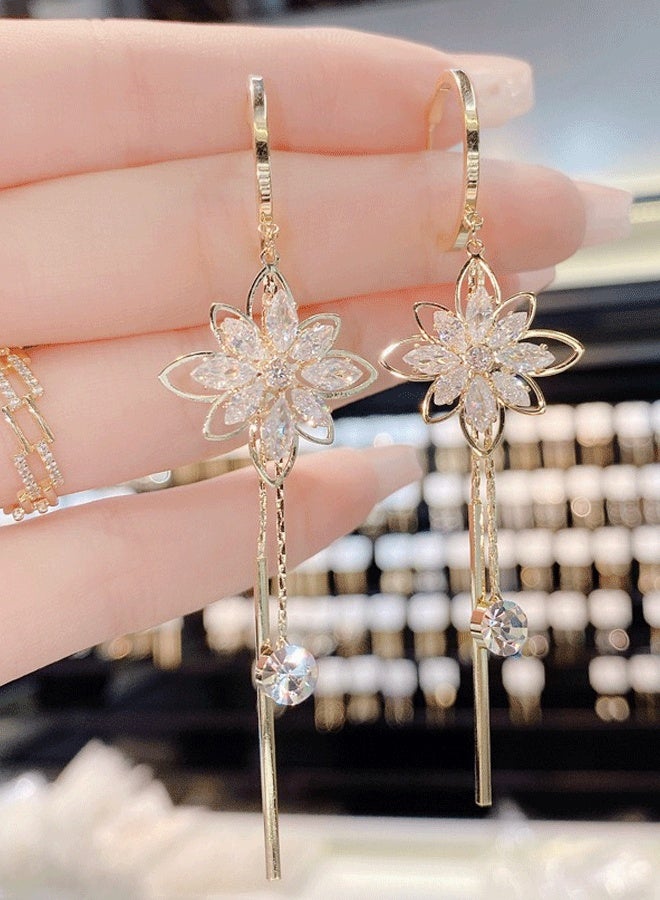 Women's Gold-Plated Floral Crystal Tassel Long Earrings - Ethnic Fashion Jewelry with Sparkling Stones, Lightweight Dangle Earrings for Daily Wear, Parties, Weddings, Festivals & Cultural Gatherings - Image 3
