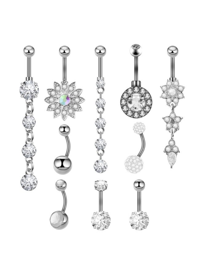 LAMAY 10pcs Silver Belly Button Ring Dangle Surgical Steel Belly Rings for Women Girls 14G Surgical Steel Belly Button Piercing Cute Navel Ring Belly Piercing Jewelry - Image 1