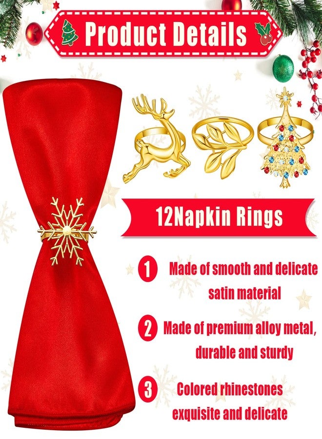 Suclain 24 Pcs Christmas Napkins and Ring Set, Include 12 Pieces Gold Napkin Rings with 12 Pieces Solid Color Washable Cloth Napkins for Christmas Dinners Parties Wedding Adornment Table Decoration - Image 3