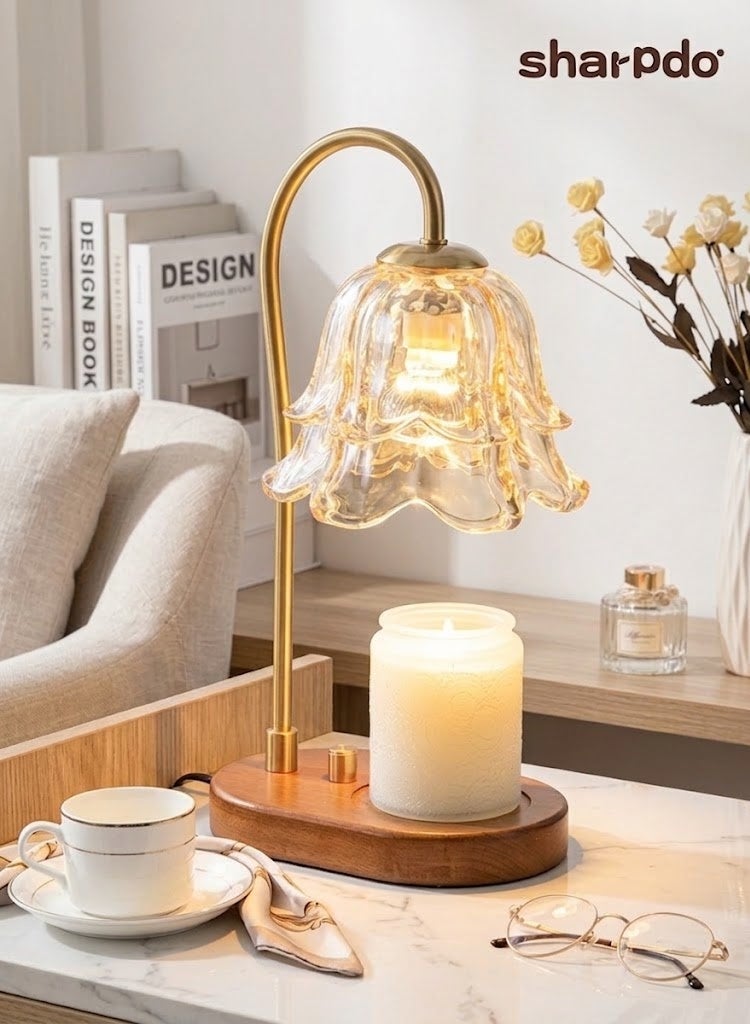 Sharpdo Candle Warmer Lamp, Tulip Glass Shade Wax Melting Lamp with 3‑Level Dimmable, Wooden Base Electric Candle Lamp for Jar Candles, No Flame Safe Fragrance Lamp for Home Bedroom Decor - Image 1
