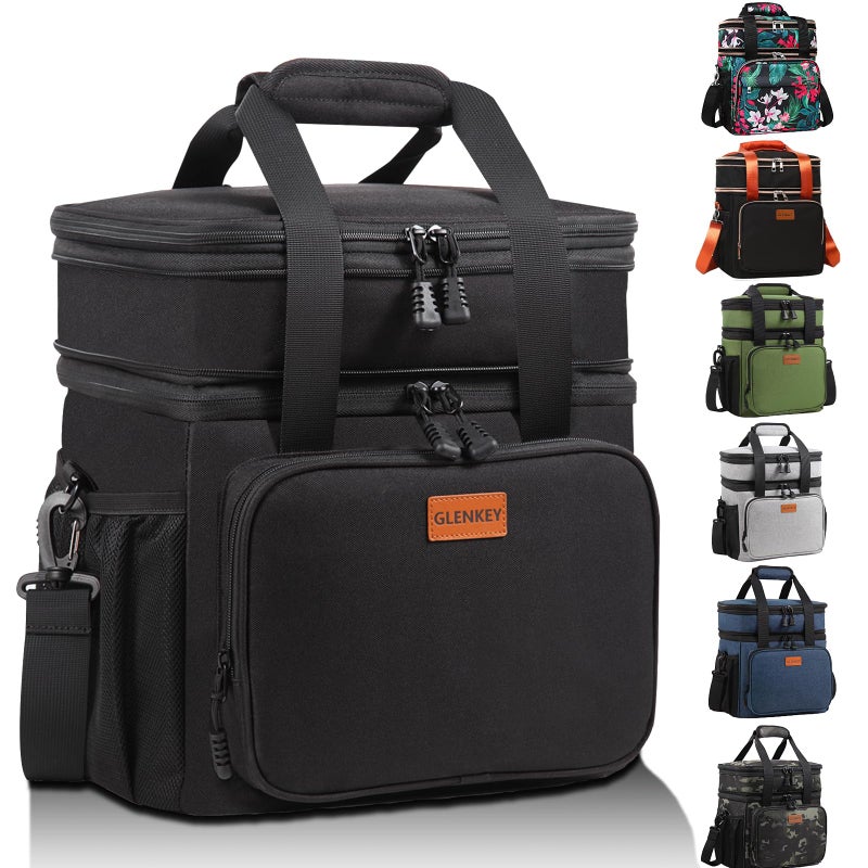 GLENKEY Expandable Insulated Large Lunch Box, Double Deck Heavy Duty Durable Lunch Bag Leakproof Cooler Bags for Men Women Adults Work Shift Flight Beach Daytrip, 20 Can, Black, GLENKEY - Image 1