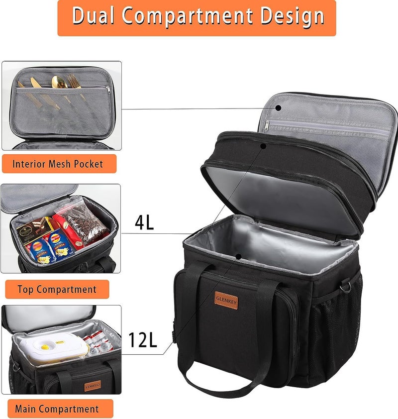 GLENKEY Expandable Insulated Large Lunch Box, Double Deck Heavy Duty Durable Lunch Bag Leakproof Cooler Bags for Men Women Adults Work Shift Flight Beach Daytrip, 20 Can, Black, GLENKEY - Image 2