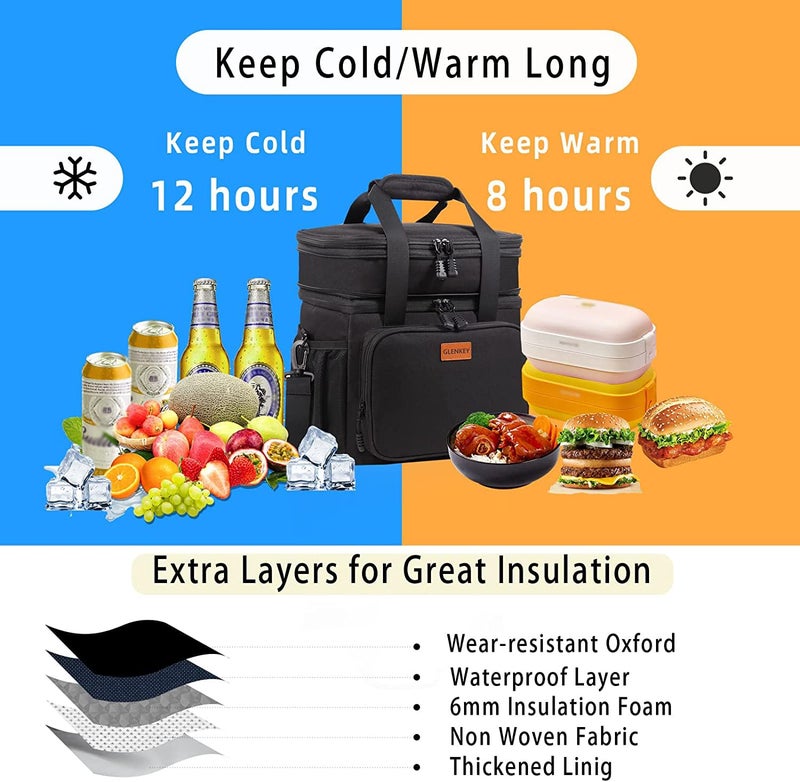 GLENKEY Expandable Insulated Large Lunch Box, Double Deck Heavy Duty Durable Lunch Bag Leakproof Cooler Bags for Men Women Adults Work Shift Flight Beach Daytrip, 20 Can, Black, GLENKEY - Image 5
