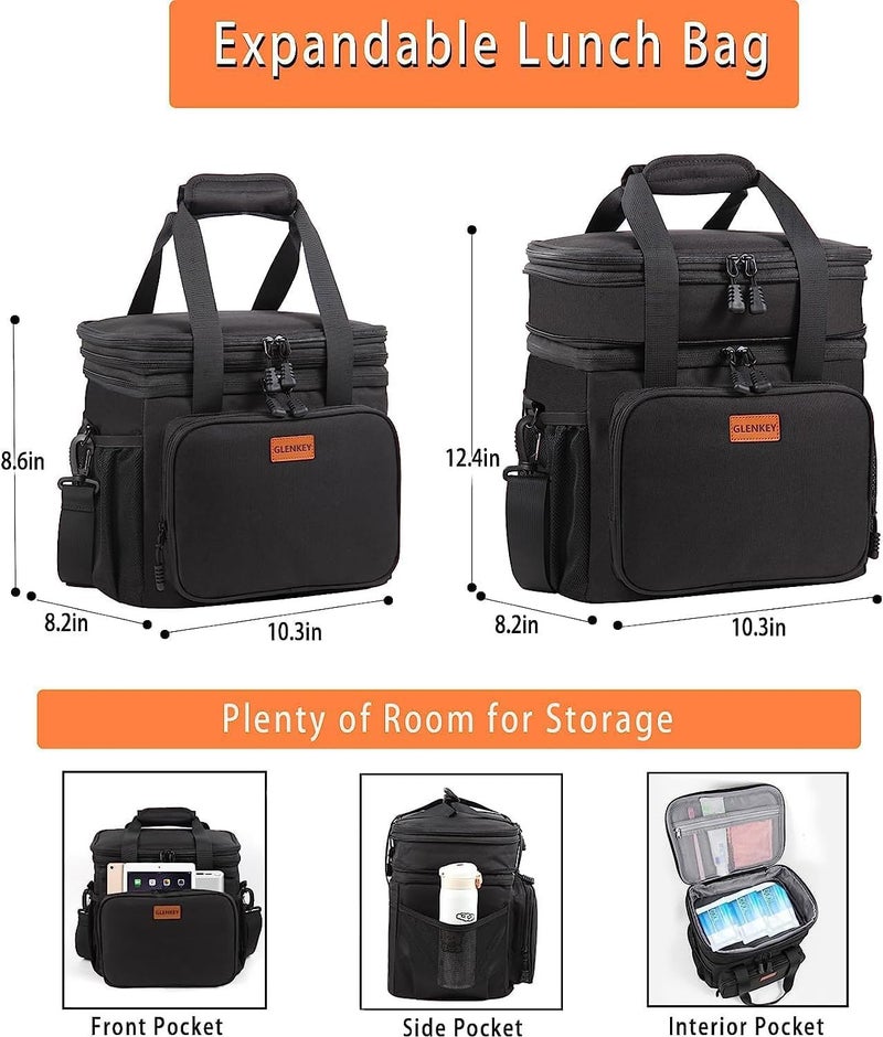 GLENKEY Expandable Insulated Large Lunch Box, Double Deck Heavy Duty Durable Lunch Bag Leakproof Cooler Bags for Men Women Adults Work Shift Flight Beach Daytrip, 20 Can, Black, GLENKEY - Image 3