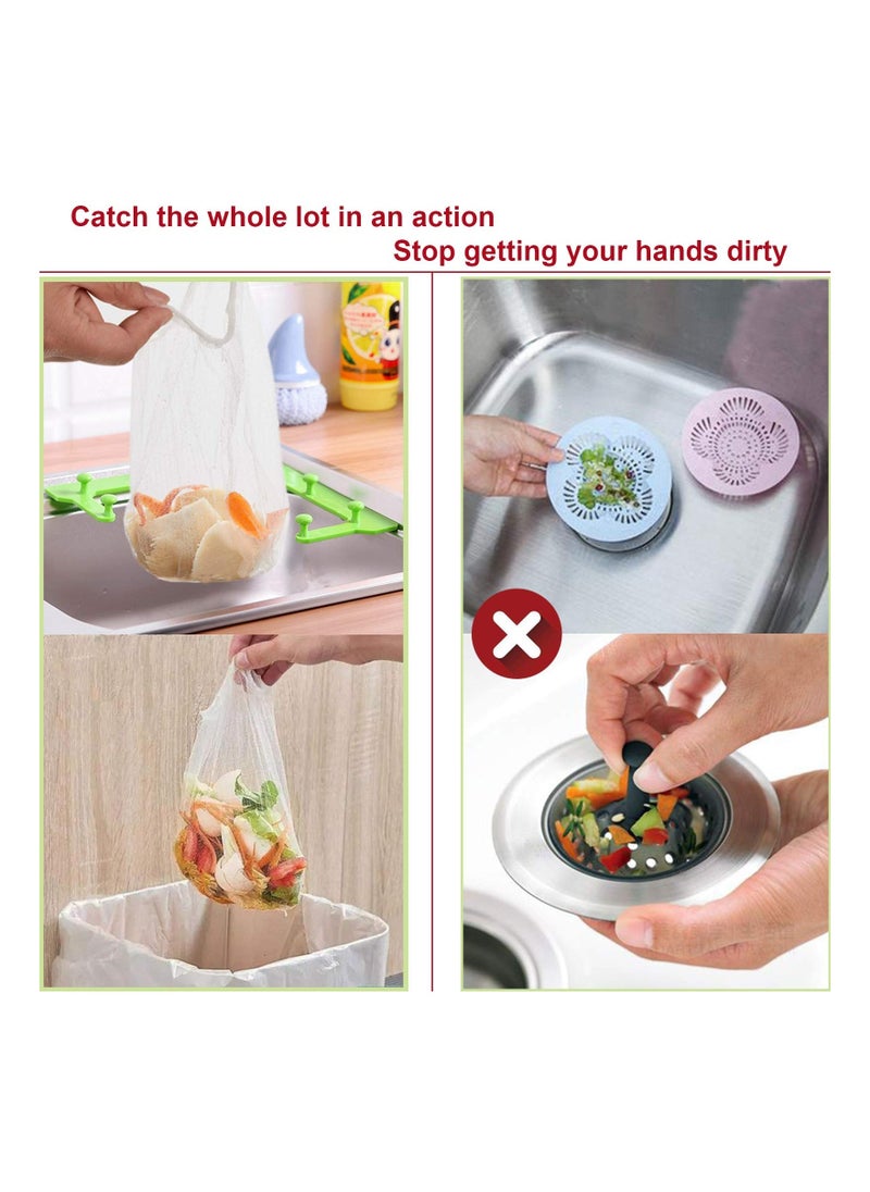 Sink Filter Net with Triangle Tri-Holder, Sink Strainer Bag, Corner Sink Strainer Basket, Kitchen Waste Storage Rack, Includes 100 Mesh Bags and 1 Holder for Easy Waste Disposal.