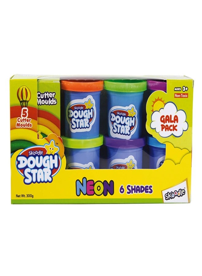 SKOODLE Dough Star Gala Pack 300gm, 5 Cutter Moulds & 6 Neon Shades of Non-Toxic Modelling Clay Dough for Kids, Creative Art & Craft Gift for Children 3 Years and Up - Image 1