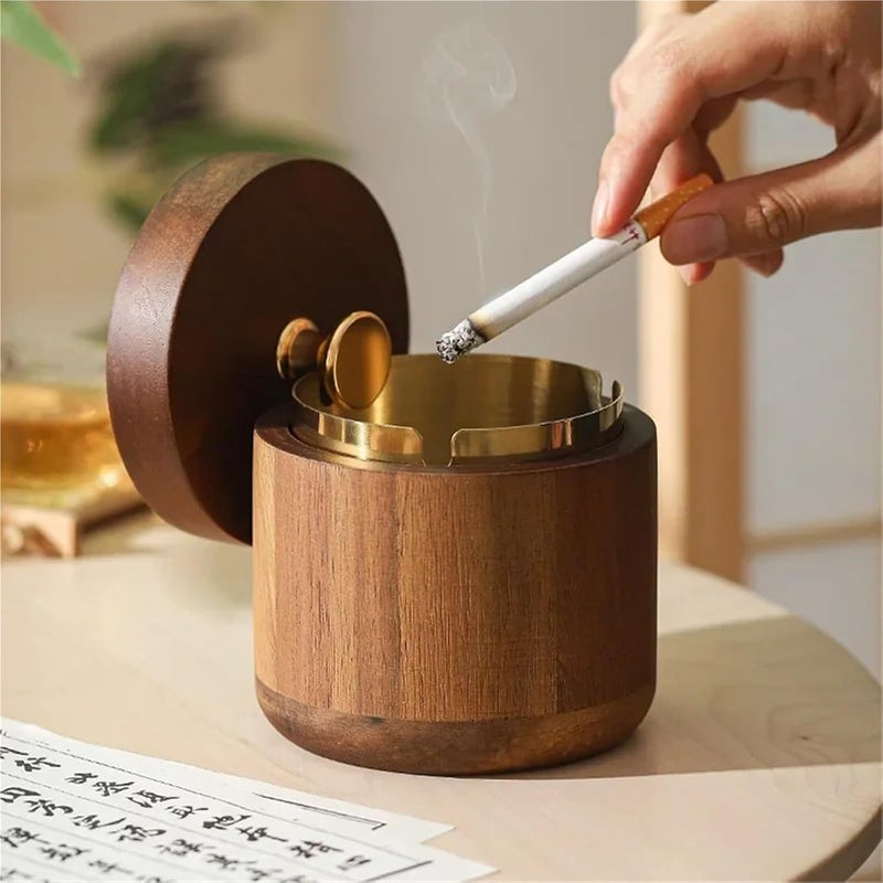 Solid wood ashtray with cover large home Chinese anti-fly ash living room light luxury creative ashtray retro car windproof(Silver,2pcs) - Image 5