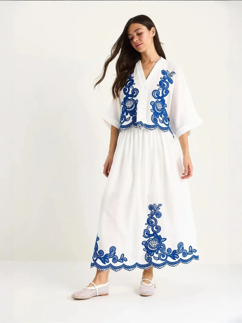 Bianco Lucci Multicolor LUCCI Oversized V-neck Embroidered 3/4 Sleeve Shirt and Wide Leg Pants Set for Women | Best Price UAE