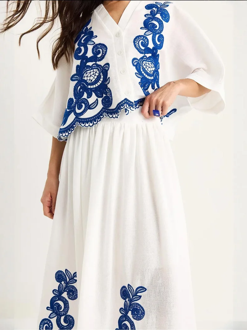 Bianco Lucci Multicolor LUCCI Oversized V-neck Embroidered 3/4 Sleeve Shirt and Wide Leg Pants Set for Women | Best Price UAE