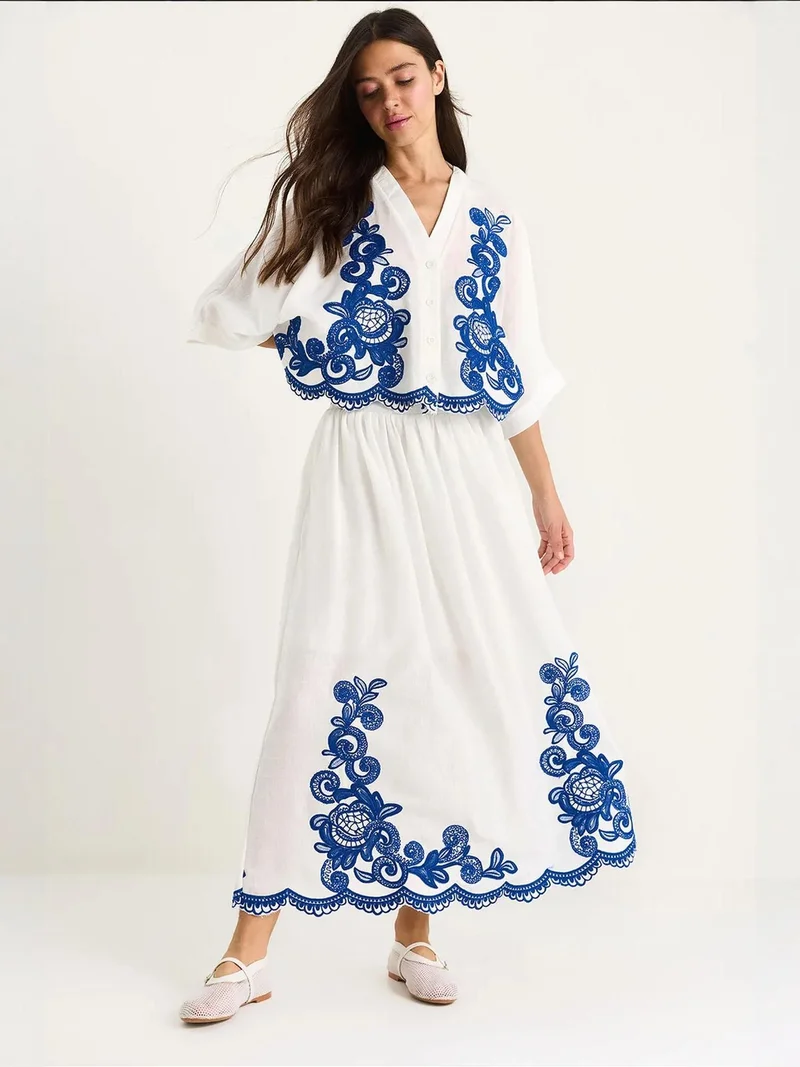 LUCCI Oversized V-neck Embroidered 3/4 Sleeve Shirt and Wide Leg Pants Set