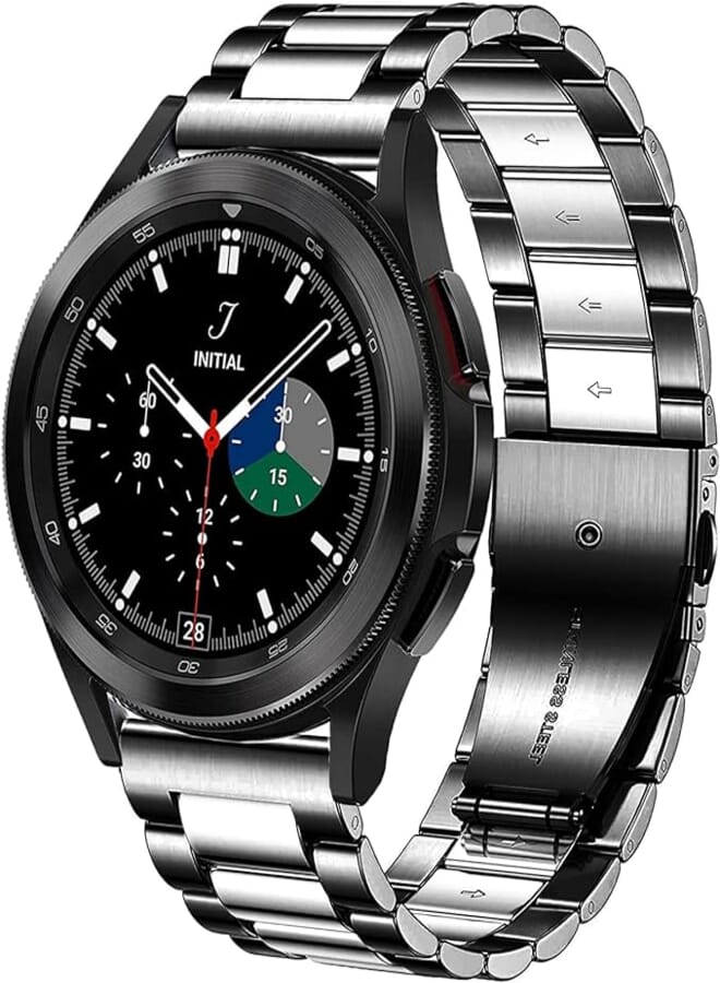 DEALELE سوار DEALELE متوافق مع Samsung Galaxy Watch 6/6 Classic / 5/5 Pro / 4/4 Classic / 3 41mm / Galaxy Watch 42mm، حزام بديل معدني من الفولاذ المقاوم للصدأ 20 مم للنساء والرجال (أسود/فضي)